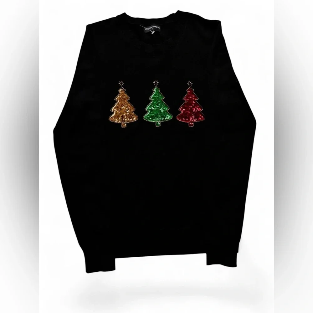 Victoria Harbour Christmas Sweater Black Sequin Trees Small Festive